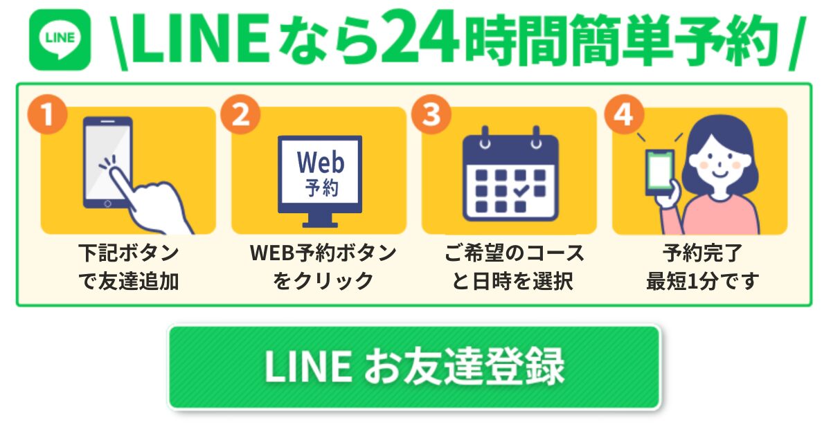 六本木の整体サロンLINE予約方法：友達追加→WEB予約→コース選択→完了の4ステップ案内バナー