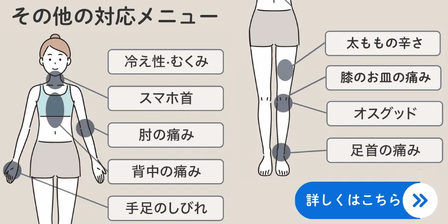 六本木一丁目・六本木エリアの整体|その他の対応メニュー(冷え性・むくみ、スマホ首、肘の痛み、背中の痛み、手足のしびれ、太ももの辛さ、膝のお皿の痛み、オスグッド、足首の痛み)