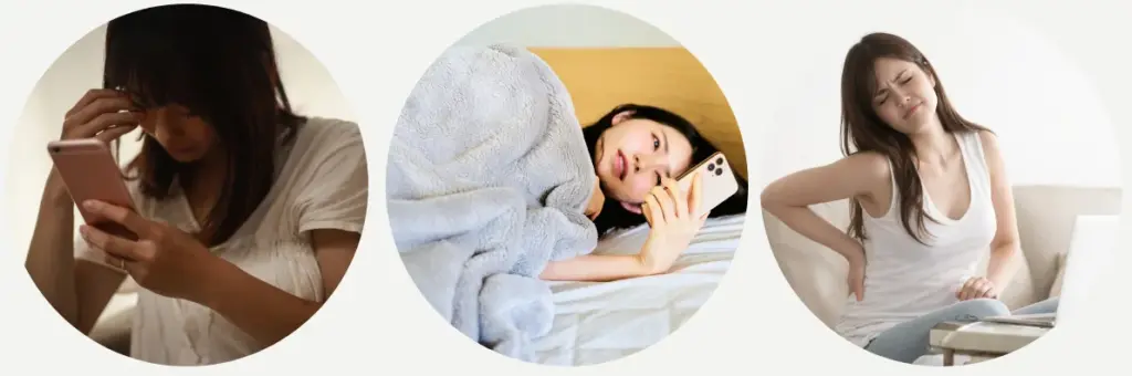 スマホ姿勢や睡眠不足、運動不足が原因で起こる頭痛のイメージ