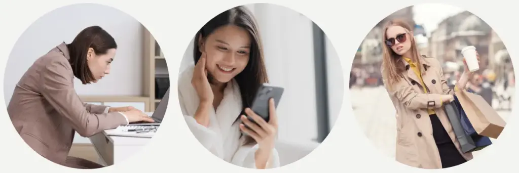 長時間のデスクワークやスマホ姿勢、片側だけで荷物を持つことで首や肩に負担がかかっている様子をまとめたイメージ