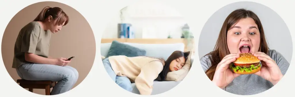 スマホ姿勢や不規則な睡眠、生活習慣の乱れによって肩や首に負担がかかっている様子をまとめたイメージ