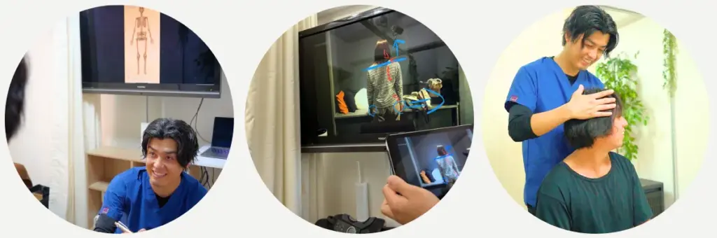 肩こりの原因を検査し、画面で説明しながら施術内容を提案している整体院の様子