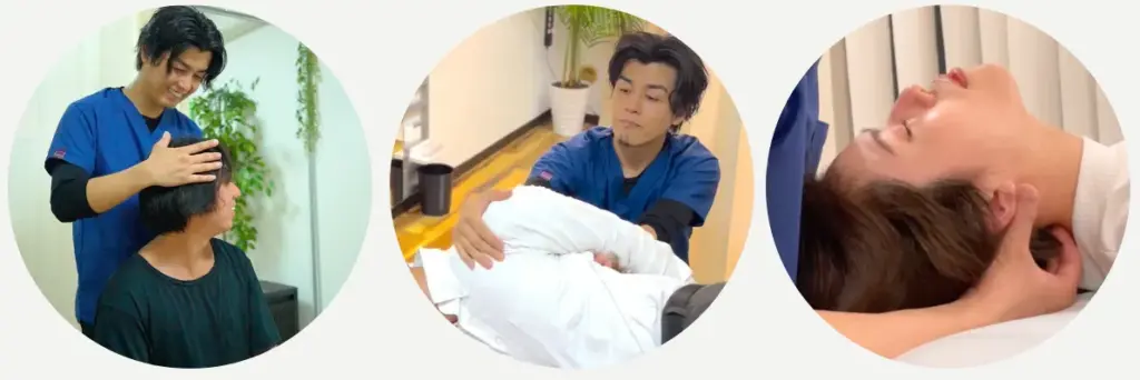 肩こりの原因を検査し、画面で説明しながら施術内容を提案している整体院の様子