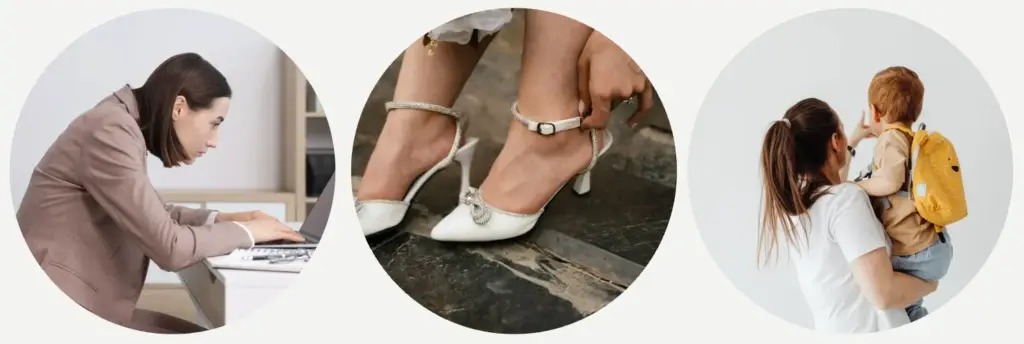 デスクワークやハイヒール、赤ちゃんの抱っこで腰に負担がかかっている女性のイメージ