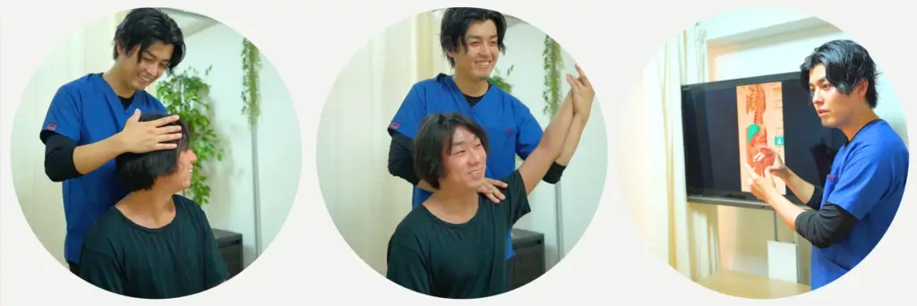 六本木の整体院で、問診と姿勢チェック・可動域検査を行い、腰痛の原因を全身から確認している様子