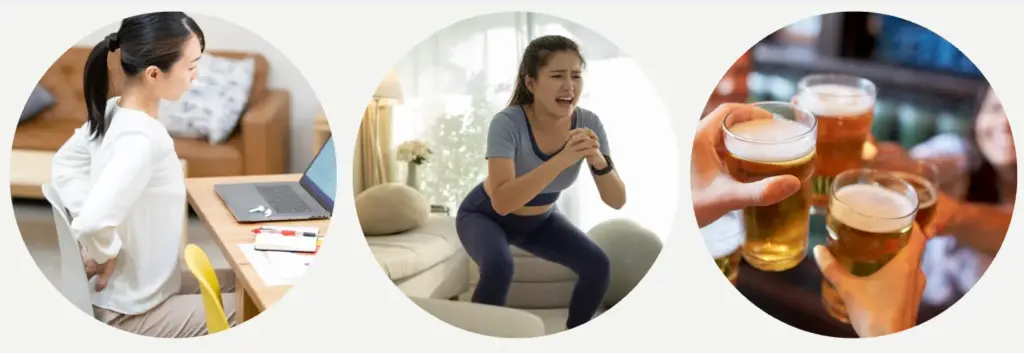 長時間座りっぱなしで腰に違和感を感じている、スクワット中に腰まわりへ負担を感じている女性、会食でお酒を飲んでいる様子を表したイメージ写真