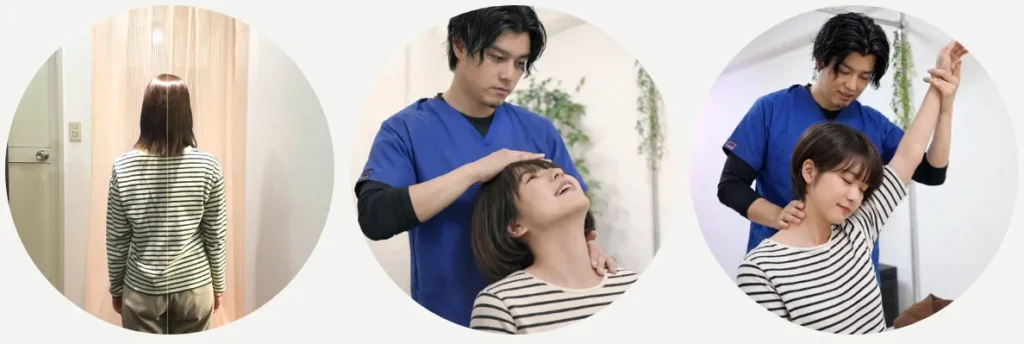 六本木の整体モビリティ整体ソシオ｜猫背改善のための姿勢チェック・頚部調整・可動域アプローチの様子