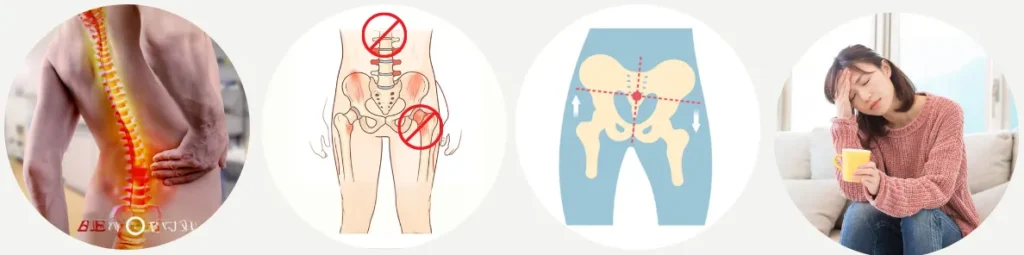 六本木の整体モビリティ整体ソシオ｜ぎっくり腰の原因となる背骨の負担・股関節・骨盤バランス・疲労のイメージ