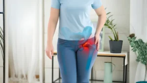 六本木の整体モビリティ整体ソシオ｜歩行時に股関節の痛みを感じている女性のイメージ