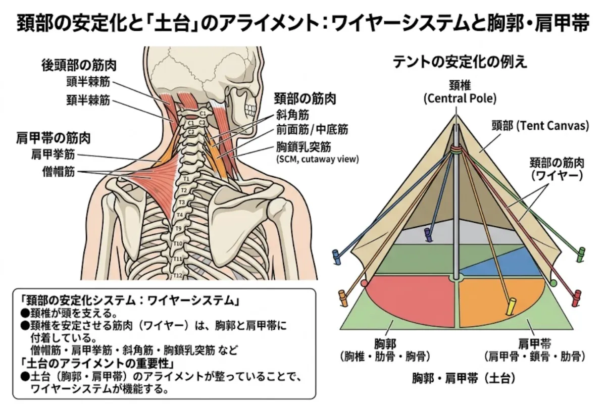 頸部の安定化システムと胸郭・肩甲帯の関係を示したイラスト
