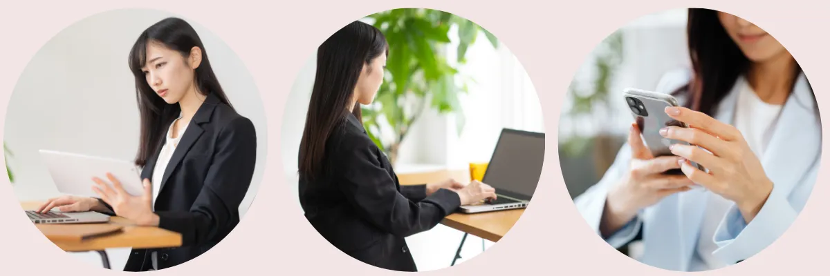 デスクワークやスマートフォン操作で前かがみ姿勢が続く女性のイメージ
