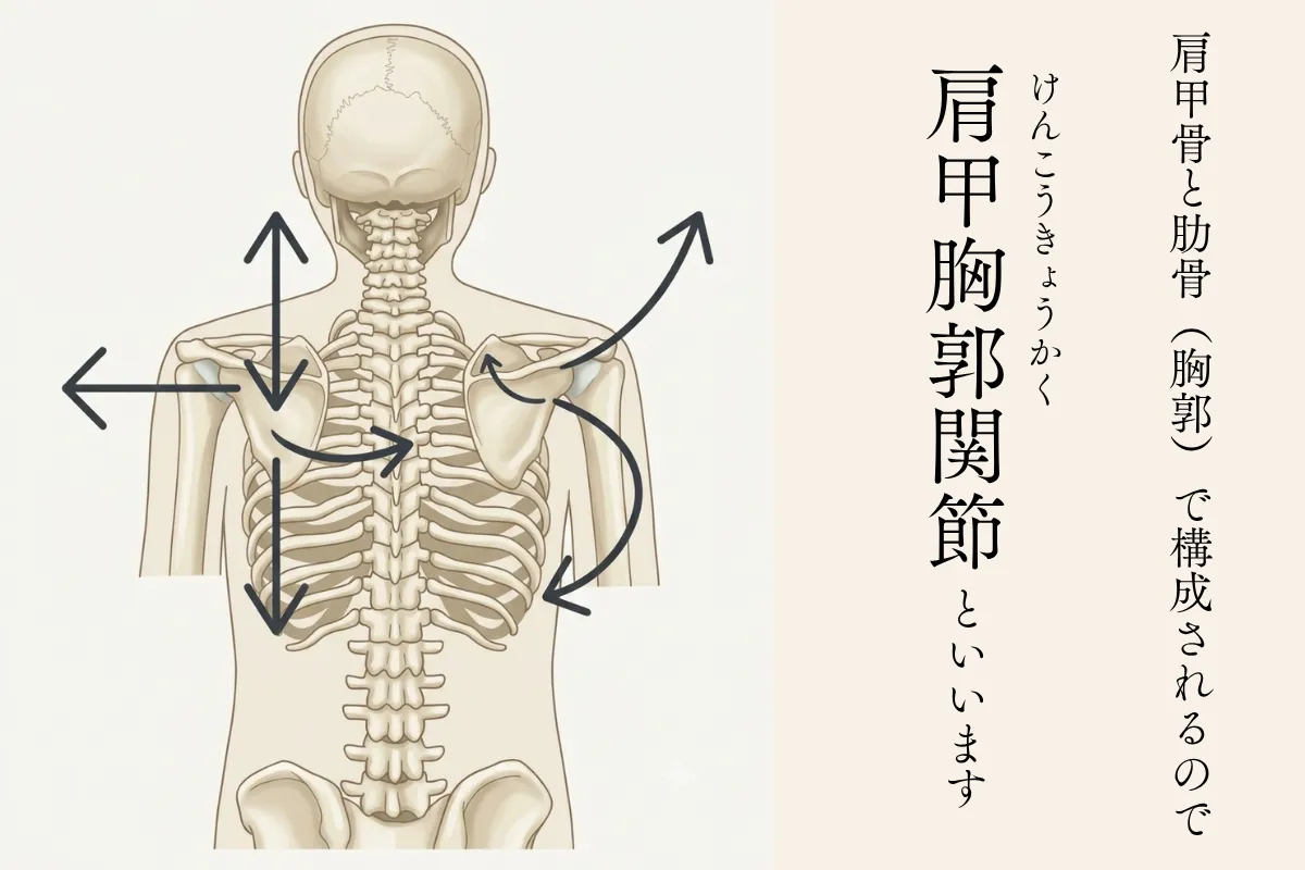肩甲骨が肋骨の上を滑るように動く肩甲胸郭関節の仕組みを示した図