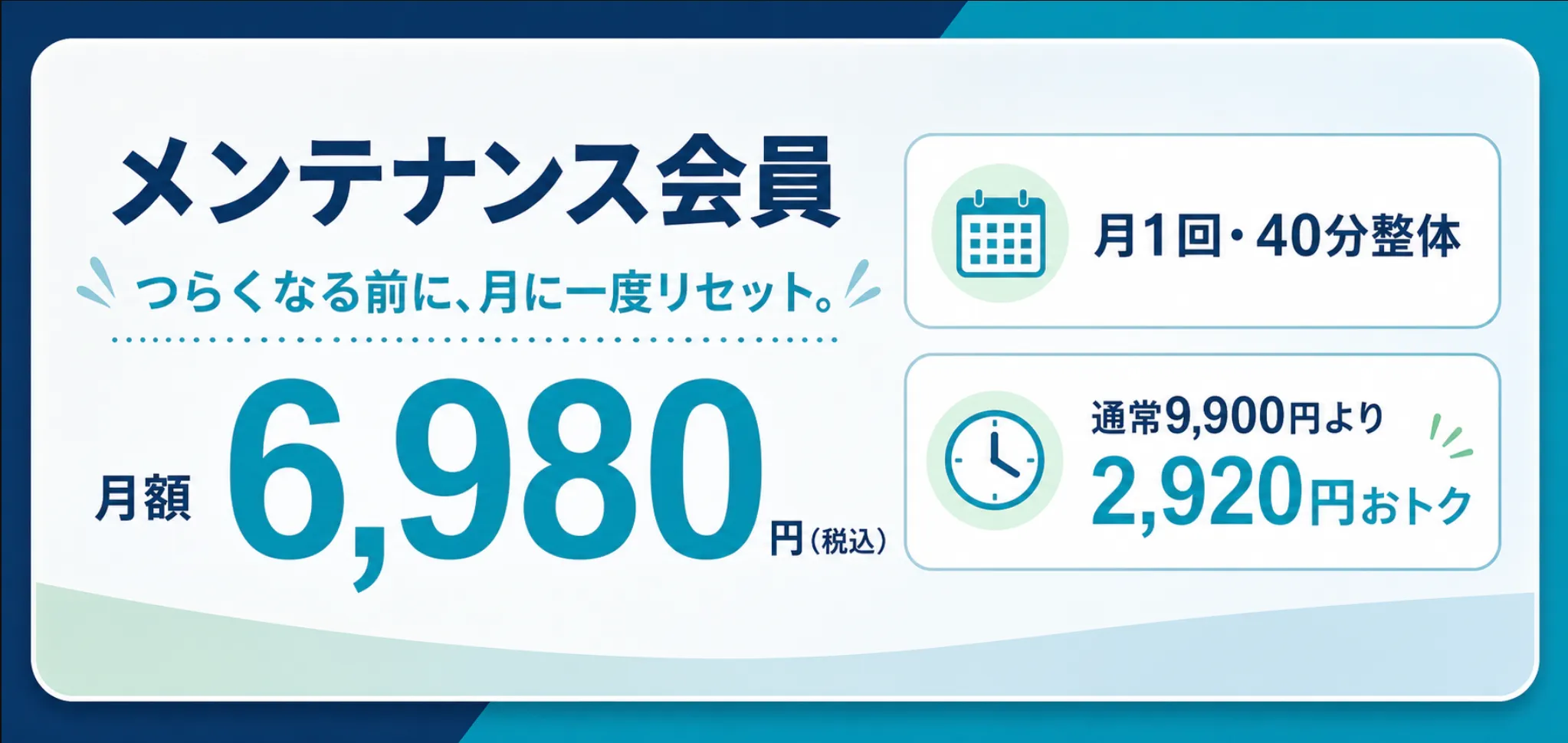 メンテナンス会員は月額6,980円で月1回40分の整体を受けられ、通常9,900円より2,920円お得になるご案内